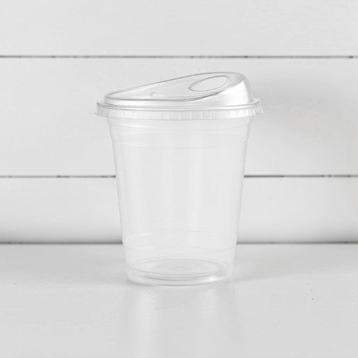 Clear plastic cup with sip lid on a white background