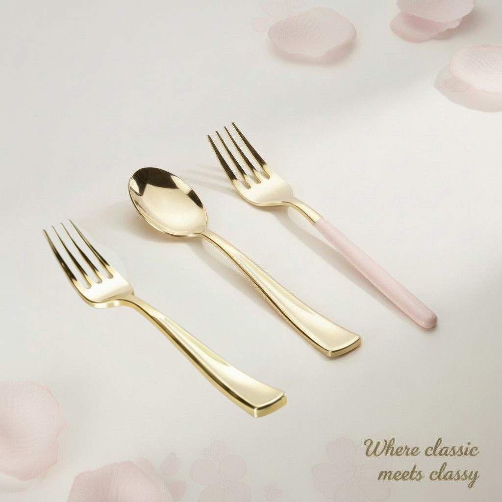Set of gold cutlery including spoons and forks on a light background with floral elements.